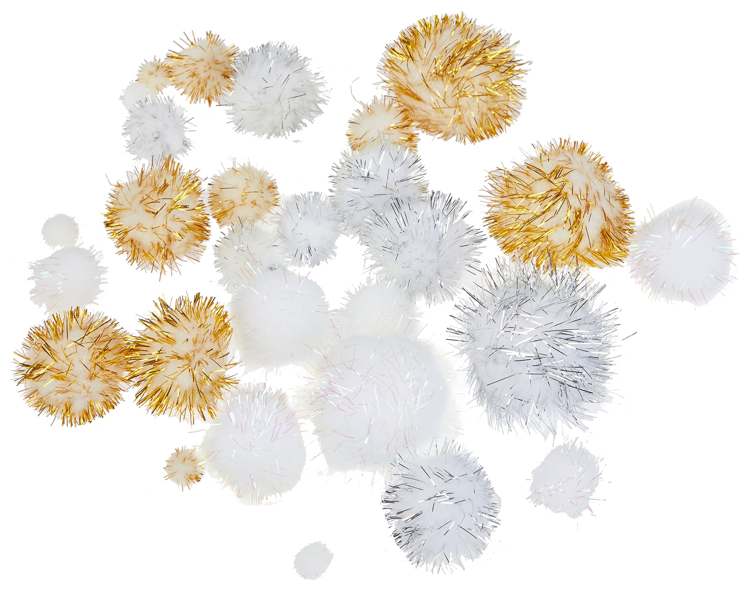 folia 50313 50313 Pompoms Glitter X-Mas 30 Fluffy Balls Assorted Sizes and Colours Ideal for Colourful Crafts White/Gold