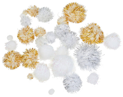folia 50313 50313 Pompoms Glitter X-Mas 30 Fluffy Balls Assorted Sizes and Colours Ideal for Colourful Crafts White/Gold