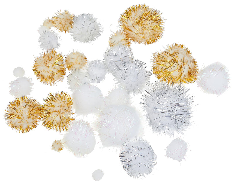 folia 50313 50313 Pompoms Glitter X-Mas 30 Fluffy Balls Assorted Sizes and Colours Ideal for Colourful Crafts White/Gold