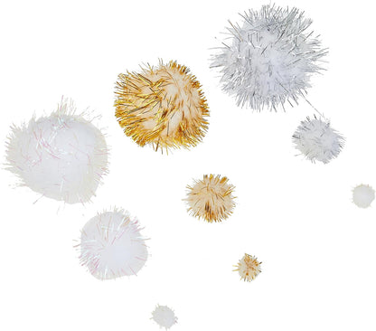 folia 50313 50313 Pompoms Glitter X-Mas 30 Fluffy Balls Assorted Sizes and Colours Ideal for Colourful Crafts White/Gold