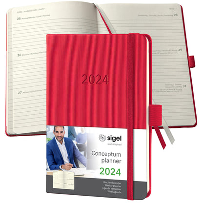 SIGEL C2465 Conceptum Weekly planner 2024, approx. A6, Red, hardcover, 2 pages equal to 1 week, 176 pages red ca. A6