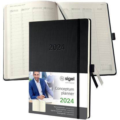 SIGEL C2418 Conceptum Weekly planner 2024, vertical layout, A4+, Black, hardcover, 2 pages equal to 1 week, 192 pages Planning book A4+, 1 column