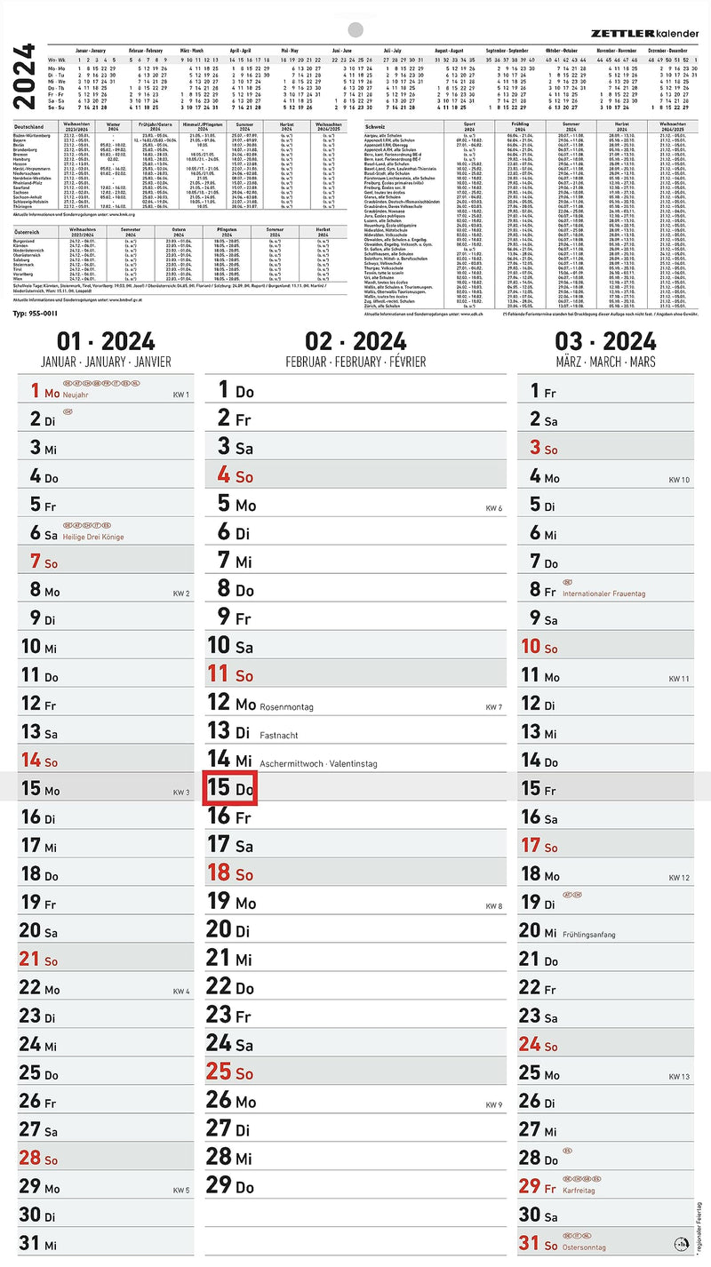 3-Monatskalender Streifenplaner 2024 33x58,8