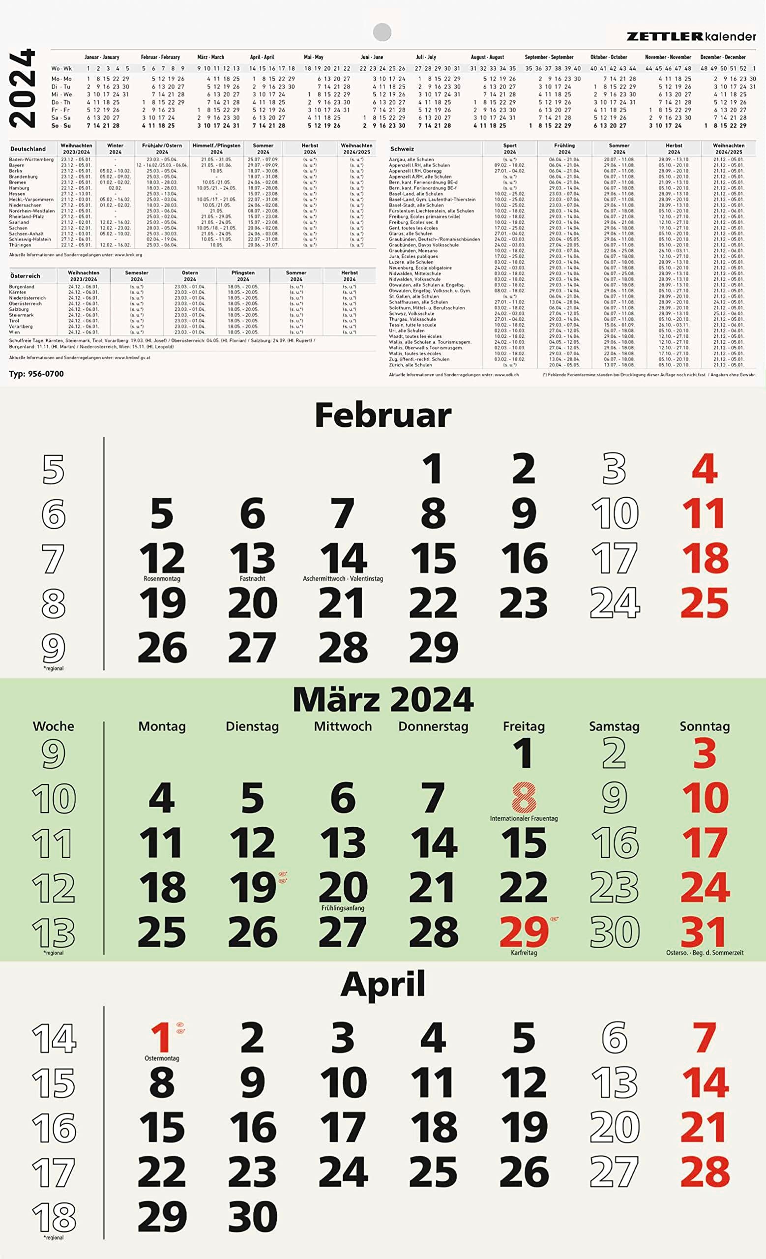 ZETTLER KALENDER 3-Monats-Wandkalender 2024