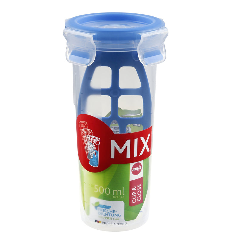 Emsa 508555 Clip & Close mixing bottle with lid and mixer insert, 0.5 litres, transparent/blue 0,50 Liter