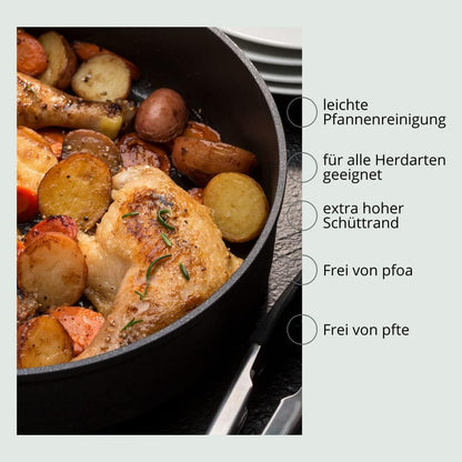 Genius Cerafit Plasma High Rim Pan 28 cm + Glass Lid - Oven-Safe Ceramic Pan with 4.2 L Capacity + High Rim | Frying Pan with Removable Handle for All Cookers