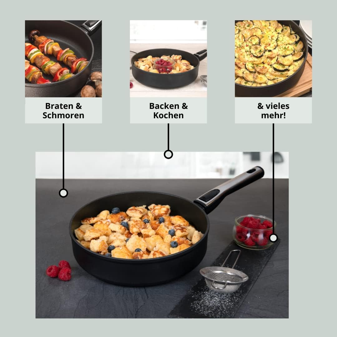 Genius Cerafit Plasma High Rim Pan 28 cm + Glass Lid - Oven-Safe Ceramic Pan with 4.2 L Capacity + High Rim | Frying Pan with Removable Handle for All Cookers