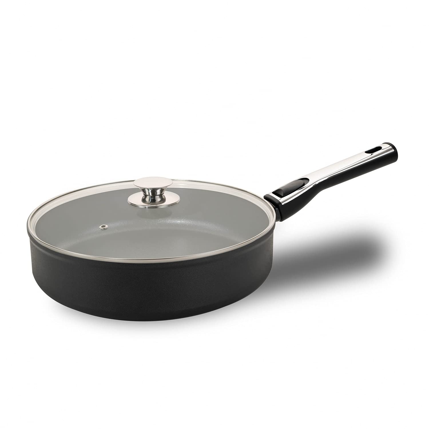 Genius Cerafit Plasma High Rim Pan 28 cm + Glass Lid - Oven-Safe Ceramic Pan with 4.2 L Capacity + High Rim | Frying Pan with Removable Handle for All Cookers