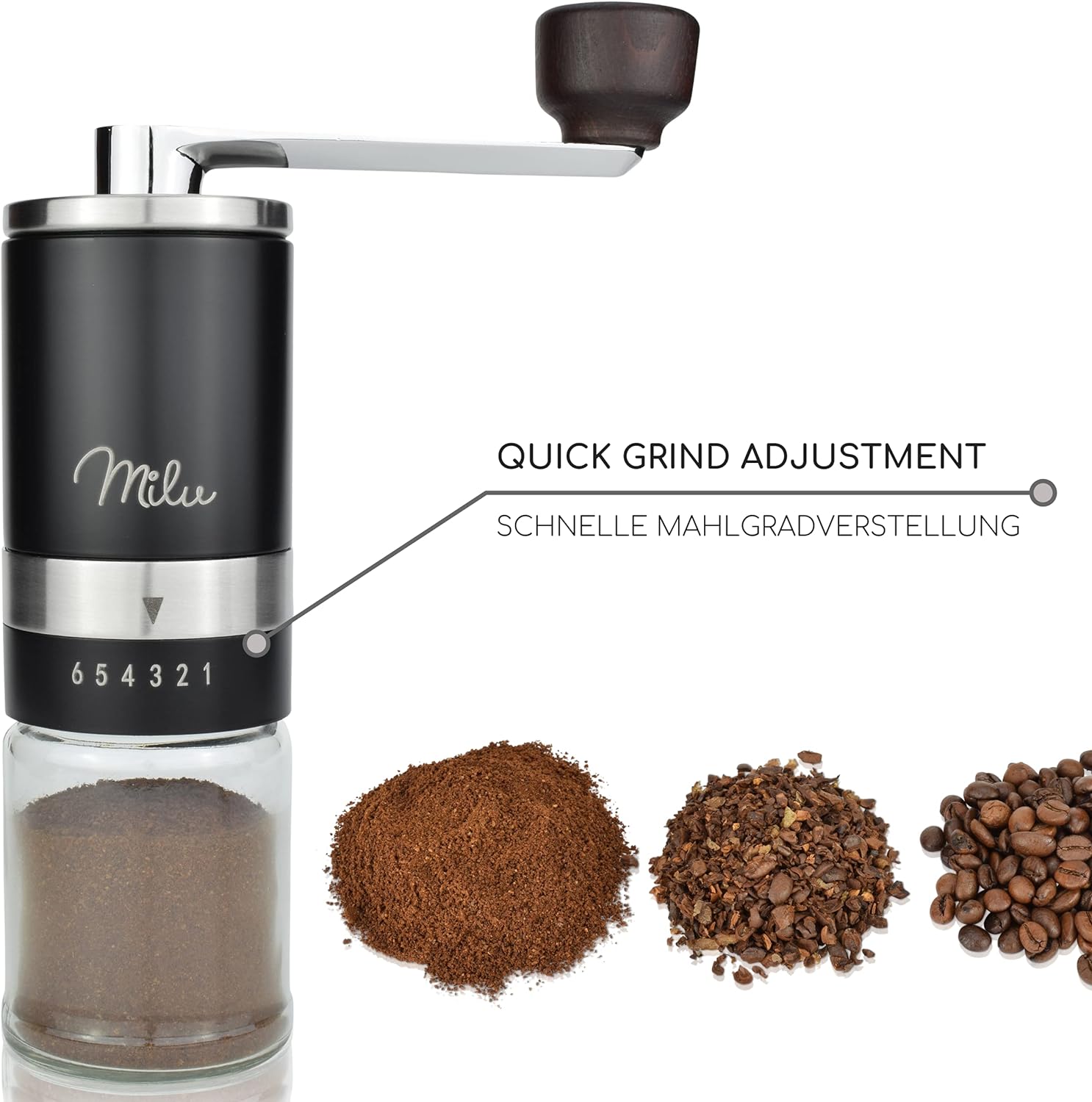 Milu Manual Coffee Bean Grinder - Hand held Coffee Mill with Ceramic Grinding Mechanism - Infinitely Variable Grind Adjustment - Espresso Grinder - with Spoon & Brush (Black) Black Ceramic Grinding Mechanism