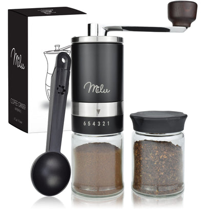 Milu Manual Coffee Bean Grinder - Hand held Coffee Mill with Ceramic Grinding Mechanism - Infinitely Variable Grind Adjustment - Espresso Grinder - with Spoon & Brush (Black) Black Ceramic Grinding Mechanism