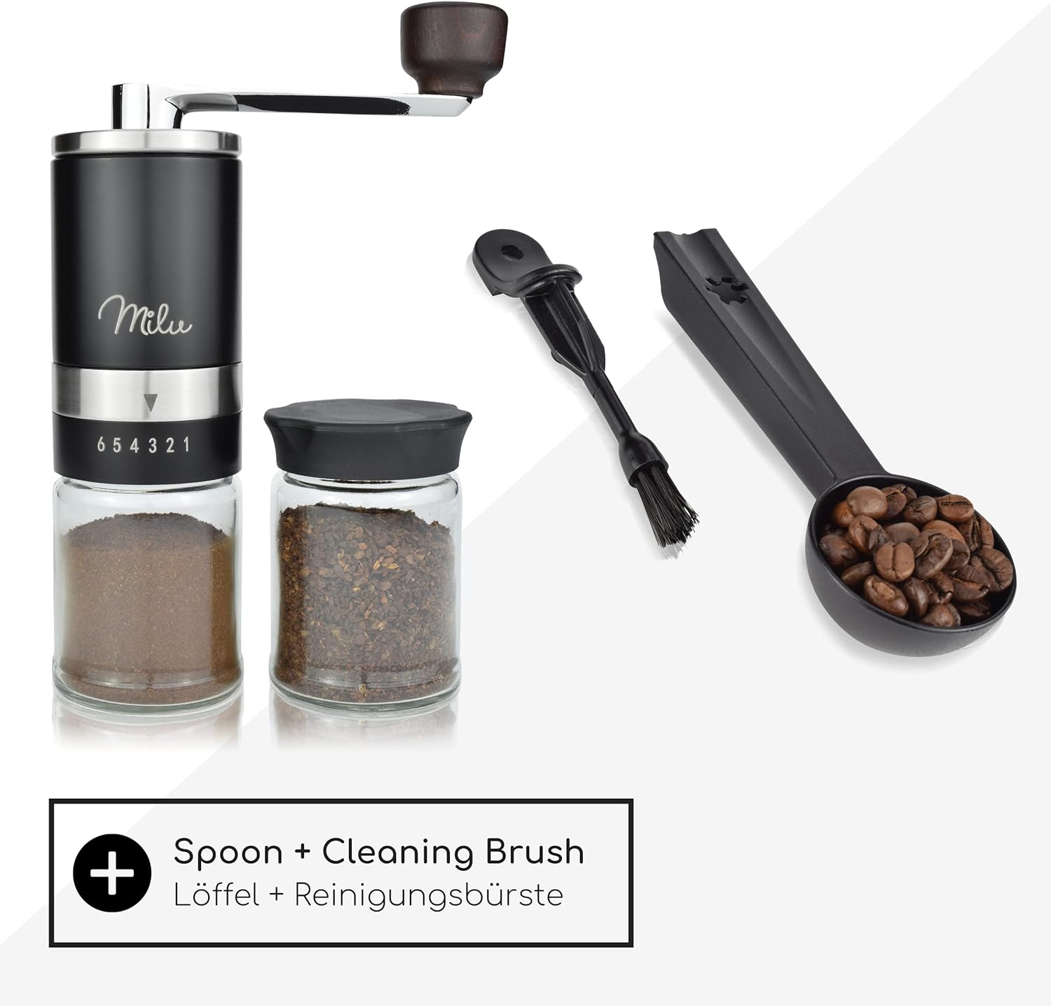 Milu Manual Coffee Bean Grinder - Hand held Coffee Mill with Ceramic Grinding Mechanism - Infinitely Variable Grind Adjustment - Espresso Grinder - with Spoon & Brush (Black) Black Ceramic Grinding Mechanism