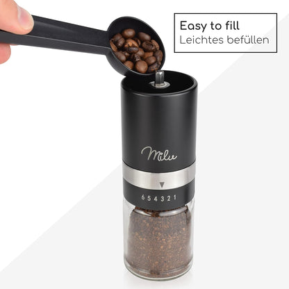 Milu Manual Coffee Bean Grinder - Hand held Coffee Mill with Ceramic Grinding Mechanism - Infinitely Variable Grind Adjustment - Espresso Grinder - with Spoon & Brush (Black) Black Ceramic Grinding Mechanism