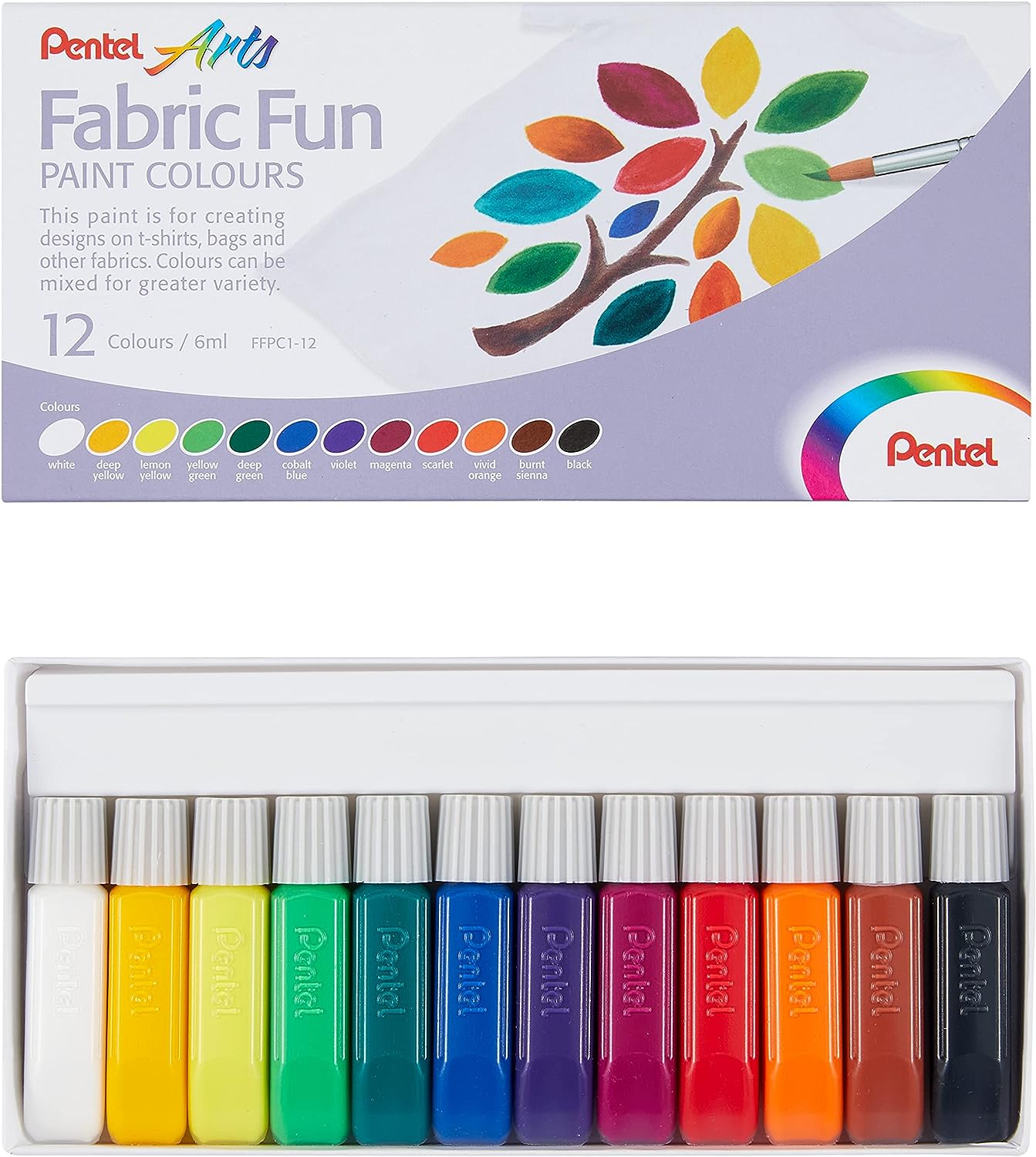 Pentel FFPC1 Fabric Fun Paint Colours, Tube Fabric Colors, Base Colour Set 12 Pcs