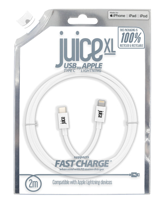 Juice USB Type C - Apple Lightning, 2m Charger and Sync Cable for Apple iPhone 14, 14 Pro, 13, 13 Pro, 12, 12 Mini, SE, 11, XS, XR, X, 8, 7, 6, 5, iPad, Airpods Pro - White