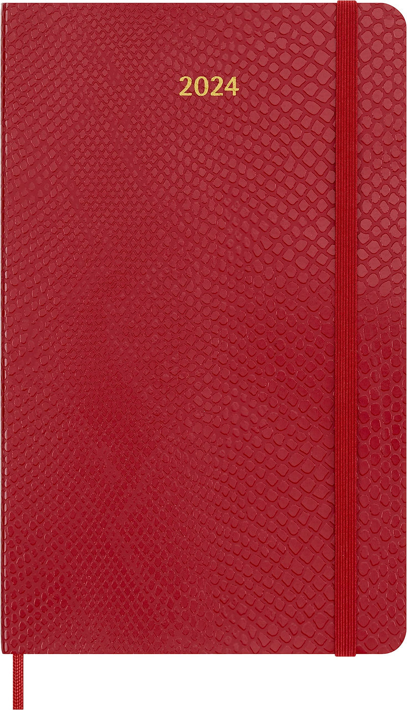 Moleskine Weekly Agenda 12 Months 2024 with Box, Agenda 2024, Size Large 13x21, Soft Cover and Elastic Closure, Faux Snakeskin Colour Red