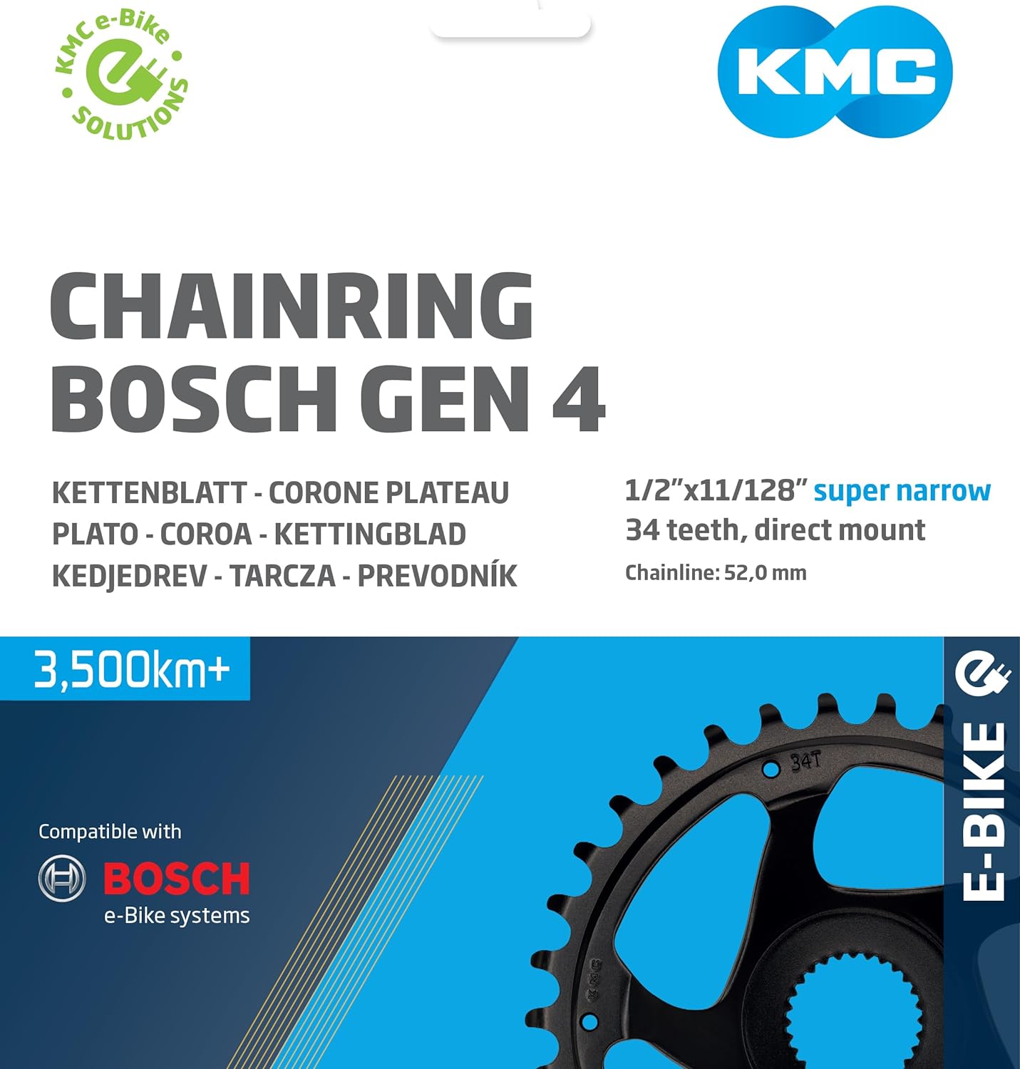 KMC Bosch Gen 4 Super Narrow Chainring, Black, 34T, Chainline 52.0mm