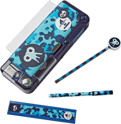 Tinc Pop-Out Compartment School Pencil Case - Blue - Includes Pencil with Eraser Topper, Ballpoint Pen & 15cm Ruler - Secret Compartments with Push Button, One Size (SNPCCAMT)