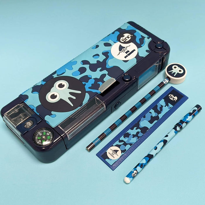 Tinc Pop-Out Compartment School Pencil Case - Blue - Includes Pencil with Eraser Topper, Ballpoint Pen & 15cm Ruler - Secret Compartments with Push Button, One Size (SNPCCAMT)