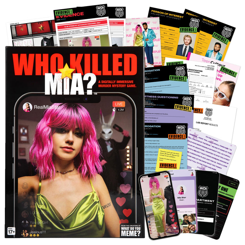 WHAT DO YOU MEME? Who Killed Mia — A Modern Murder Mystery Game True Crime Solving Games for Adults, Find Out who Killed Influencer Mia Star