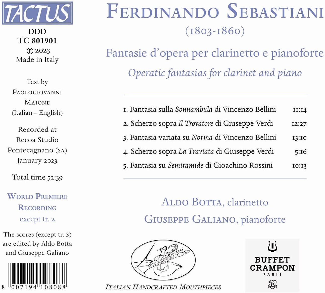 Ferdinando Sebastiani: Fantasie D'opera Per Clarinetto E...