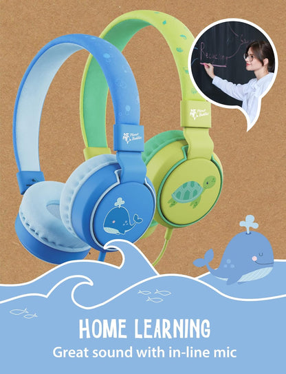 Planet Buddies Kids Headphones, Foldable Wired On Ear Headphones for Kids with Microphone, 85dB Volume Limiter, Cute Whale Kids Earphones for Tablets and Phones, Travel, School & Music Noah Whale Eco+