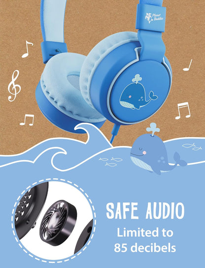 Planet Buddies Kids Headphones, Foldable Wired On Ear Headphones for Kids with Microphone, 85dB Volume Limiter, Cute Whale Kids Earphones for Tablets and Phones, Travel, School & Music Noah Whale Eco+