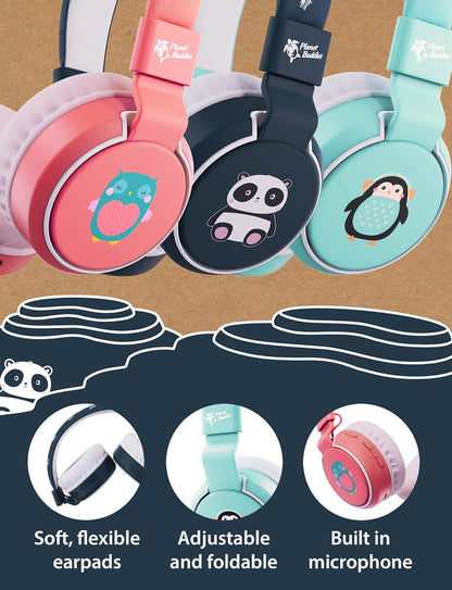 Planet Buddies Kids Headphones, Foldable Wireless On Ear Bluetooth Headphones for Kids with Microphone, 85dB Volume Limiter, Cute Panda Kids Earphones for Tablets and Phones, Travel, School & Music
