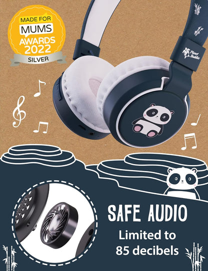 Planet Buddies Kids Headphones, Foldable Wireless On Ear Bluetooth Headphones for Kids with Microphone, 85dB Volume Limiter, Cute Panda Kids Earphones for Tablets and Phones, Travel, School & Music