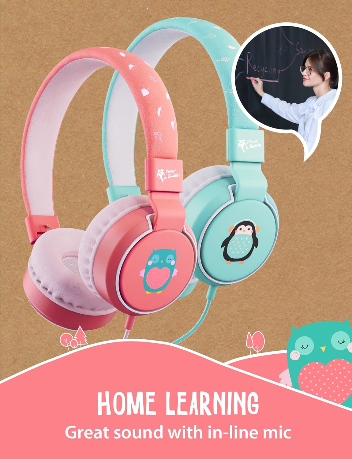 Planet Buddies Kids Headphones, Foldable Wired On Ear Headphones for Kids with Microphone, 85dB Volume Limiter, Cute Owl Kids Earphones for Tablets and Phones, Travel, School & Music Olive Owl Eco+