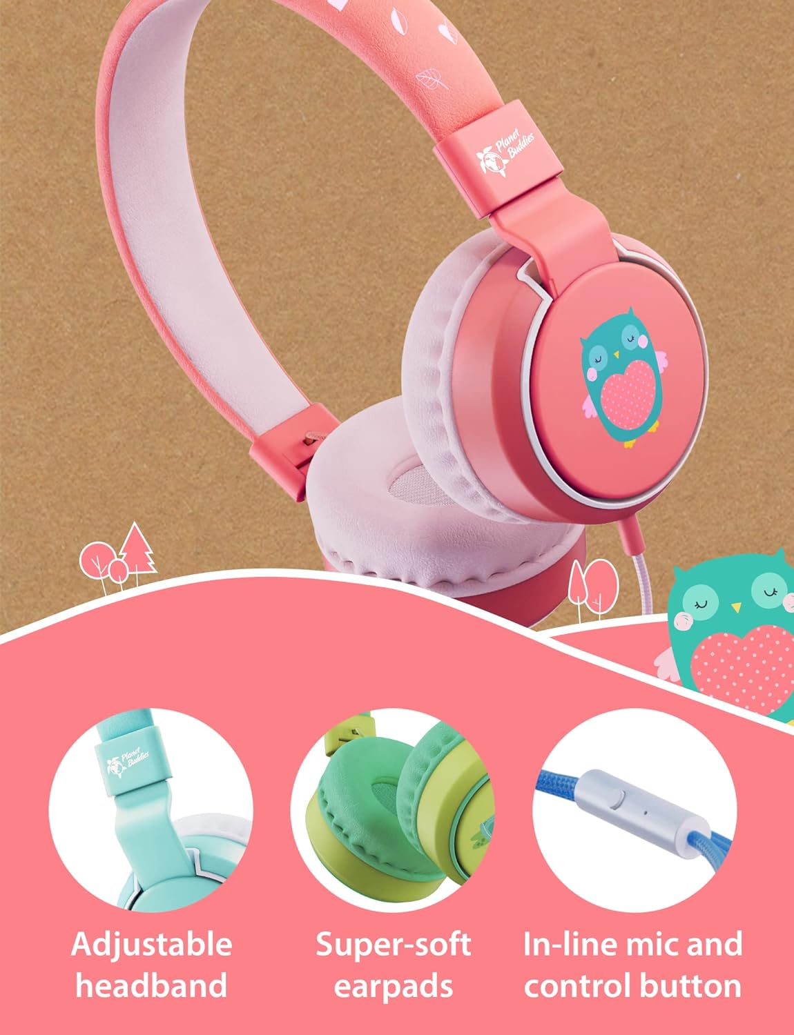 Planet Buddies Kids Headphones, Foldable Wired On Ear Headphones for Kids with Microphone, 85dB Volume Limiter, Cute Owl Kids Earphones for Tablets and Phones, Travel, School & Music Olive Owl Eco+