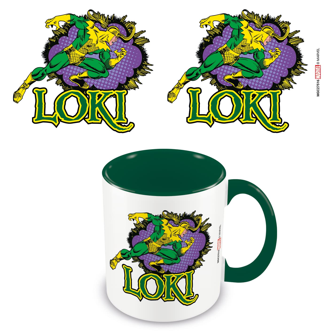 Pyramid International Marvel Loki Taza en caja de regalo (diseño de cómic) Taza de café de cerámica de 11 onzas, tazas verdes para mujeres y hombres, mercancía oficial
