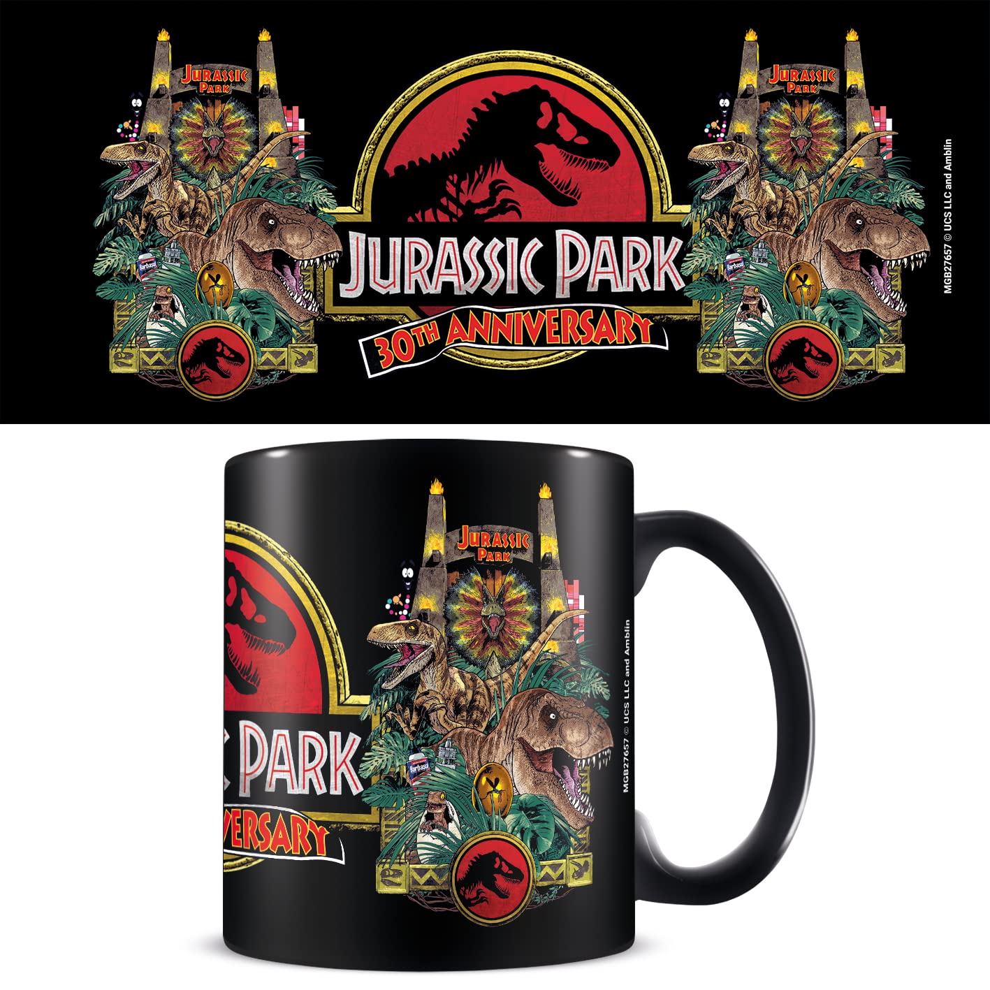 Jurassic Park Mug in Presentation Gift Box (30th Anniversary Logo Design) 11oz Black Mug Gift Set. Jurassic Park Ceramic Coffee Mug - Official Jurassic Park Merchandise