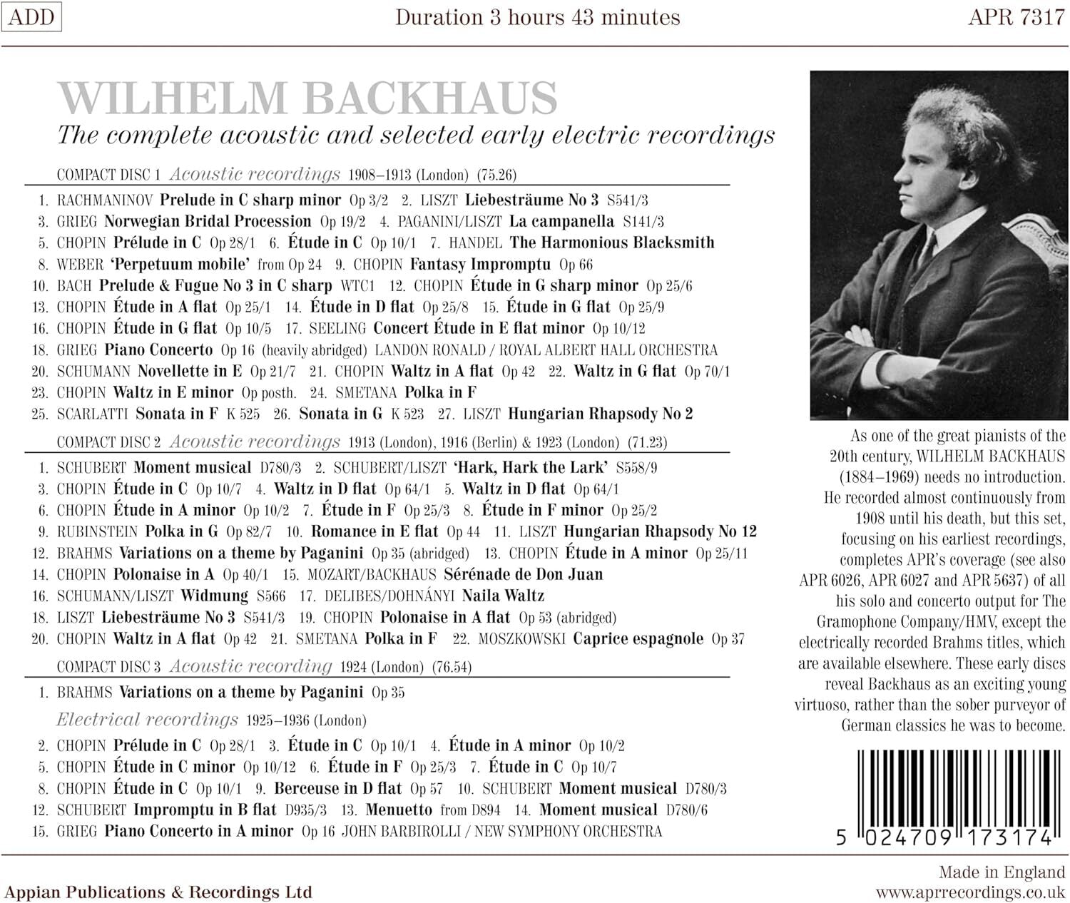 Wilhelm Backhaus: The Complete Acoustic and Selected Early...