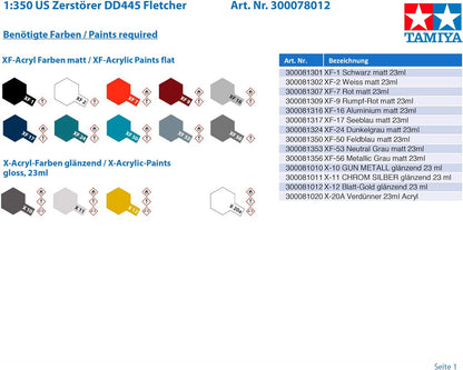 Tamiya- US Zerstörer DD445 Fletcher vehículo 78012-1:350 WWII Destructor, maqueta, construcción, Manualidades, aficiones, Pegado, Kit de plástico, Color Plateado (78012