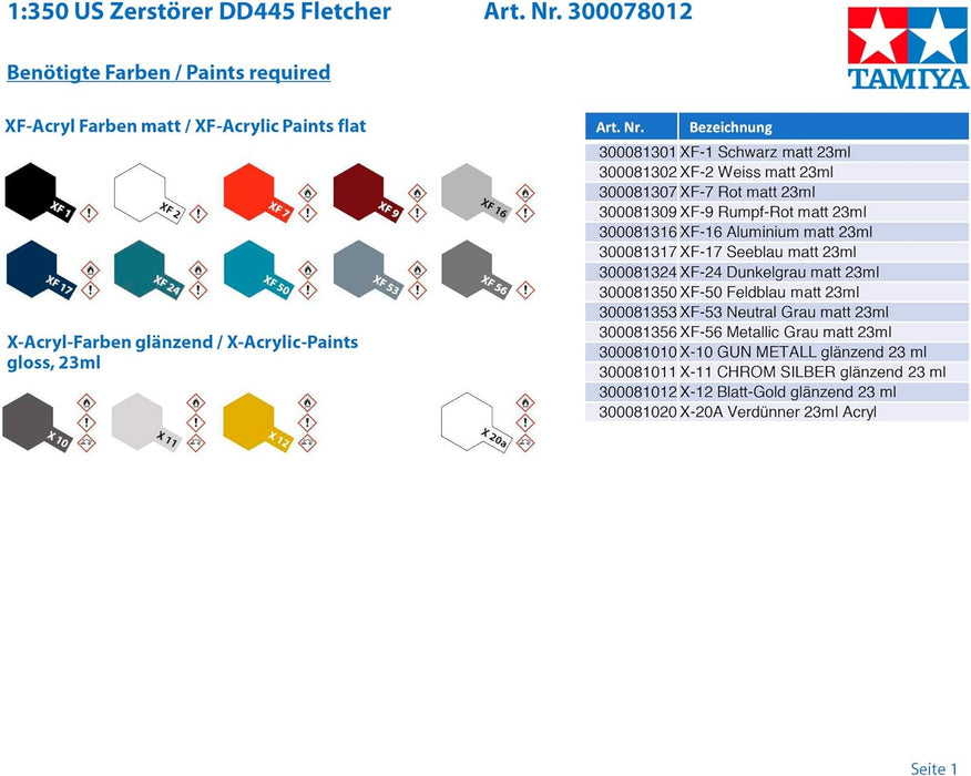Tamiya- US Zerstörer DD445 Fletcher vehículo 78012-1:350 WWII Destructor, maqueta, construcción, Manualidades, aficiones, Pegado, Kit de plástico, Color Plateado (78012