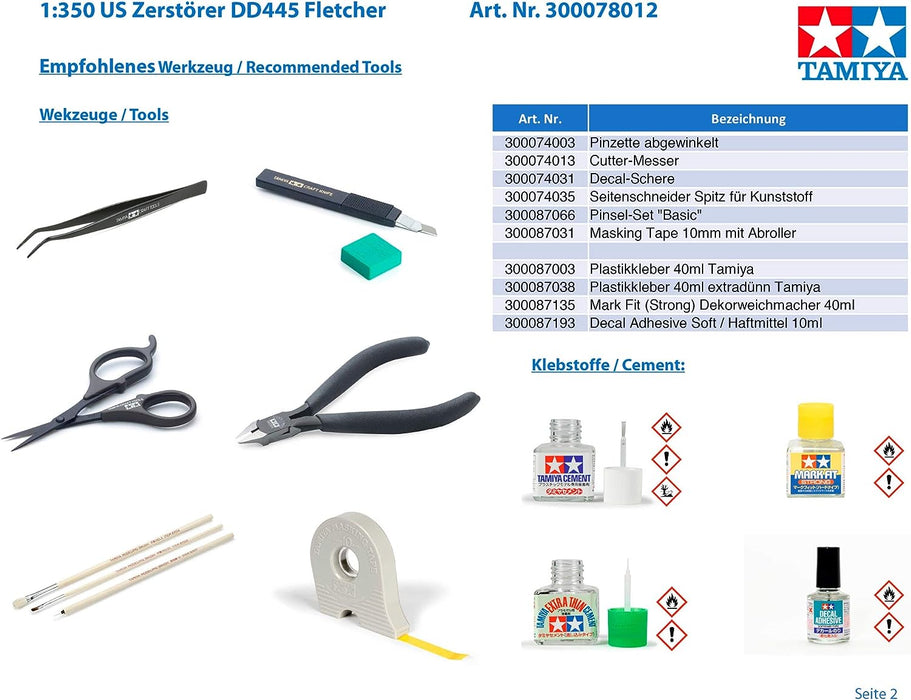 Tamiya- US Zerstörer DD445 Fletcher vehículo 78012-1:350 WWII Destructor, maqueta, construcción, Manualidades, aficiones, Pegado, Kit de plástico, Color Plateado (78012