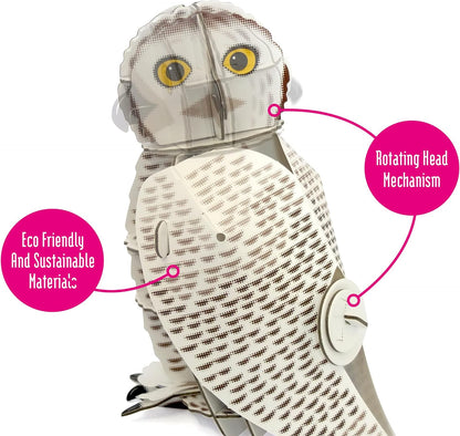 Build Your Own Moving Snowy Owl - Rotating Head Action - Eco Friendly Cardboard Craft Kit - Ages 8+