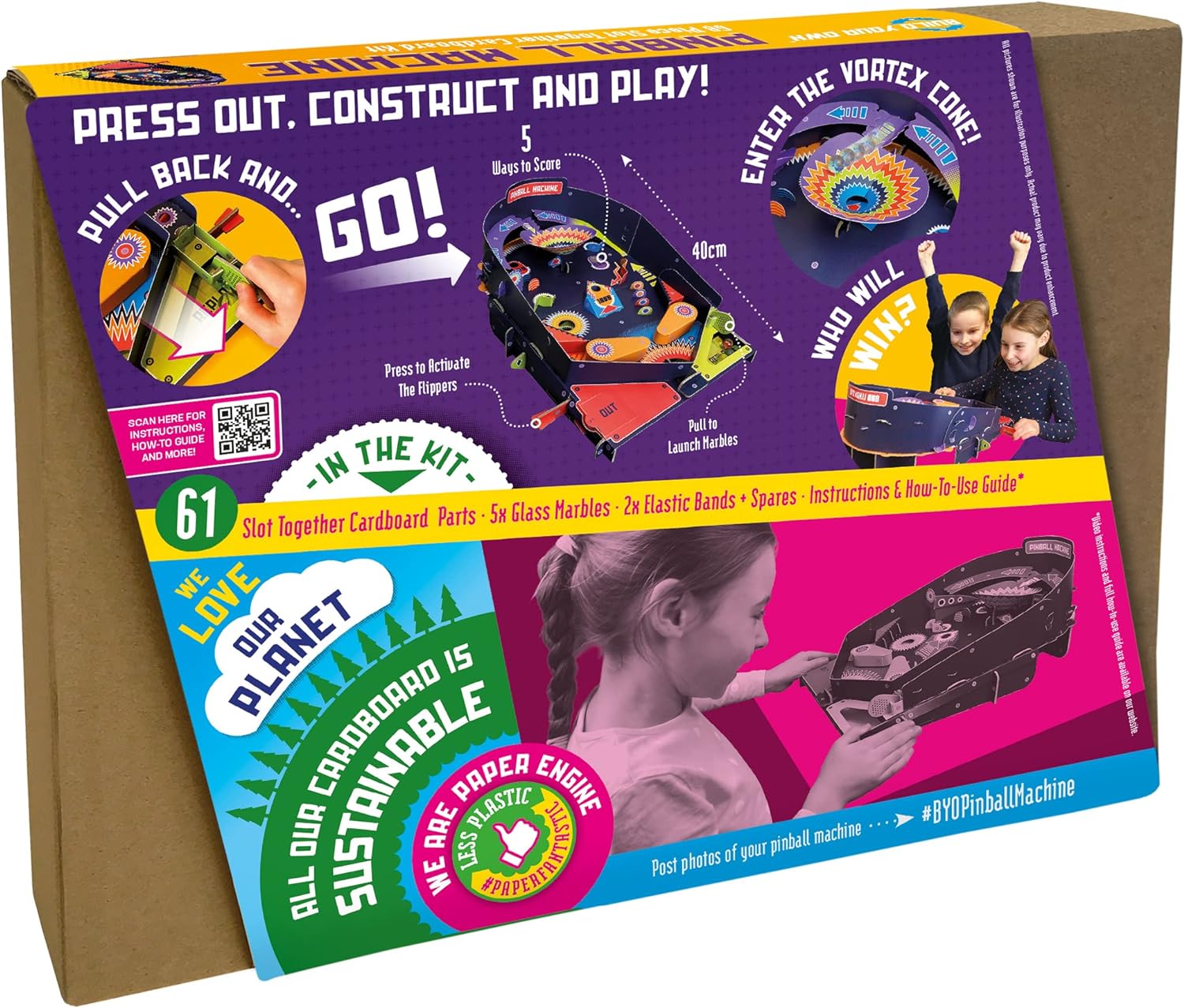 Build Your Own Working Pinball Machine - Arcade Classic Retro Toy - Eco Friendly Cardboard Craft Kit - Ages 8+