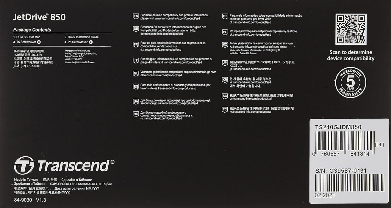 Transcend 240GB JetDrive 850 SSD (without enclosure) for MacBook Air 11" & 13" (Mid 2013 – 2017), MacBook Pro Retina 13" & 15" (Late 2013 – Mid 2015) Up to 1600/1400 MB/s TS240GJDM850 240 GB macOS 10.13 or later, Without Enclosure