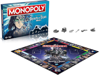Winning Moves Attack on Titan The Final Season Monopoly Board Game, buy Eren Jaeger, Colossal Titan, Gabi Braun, Yelena and trade your way to success, makes a great gift for ages 12 plus