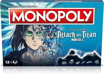 Winning Moves Attack on Titan The Final Season Monopoly Board Game, buy Eren Jaeger, Colossal Titan, Gabi Braun, Yelena and trade your way to success, makes a great gift for ages 12 plus