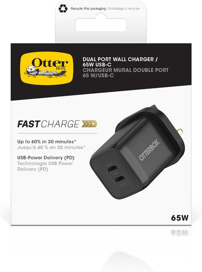 OtterBox Standard UK 65W USB-C PD GaN Dual Port Wall Charger, 45W USB-C PD + 20W USB-C PD, Fast Charger for Smartphone and Tablet, Drop Tested, Ultra Durable, Black