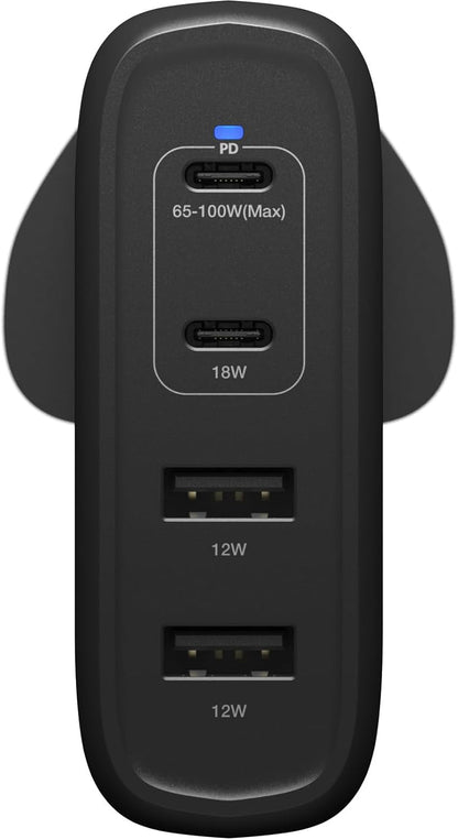 OtterBox Standard UK 100W USB-C PD GaN Four Port Wall Charger, x2 USB-C PD Ports + x2 USB-A Ports, Fast Charger for Smartphone and Tablet, Drop Tested, Ultra Durable, Black