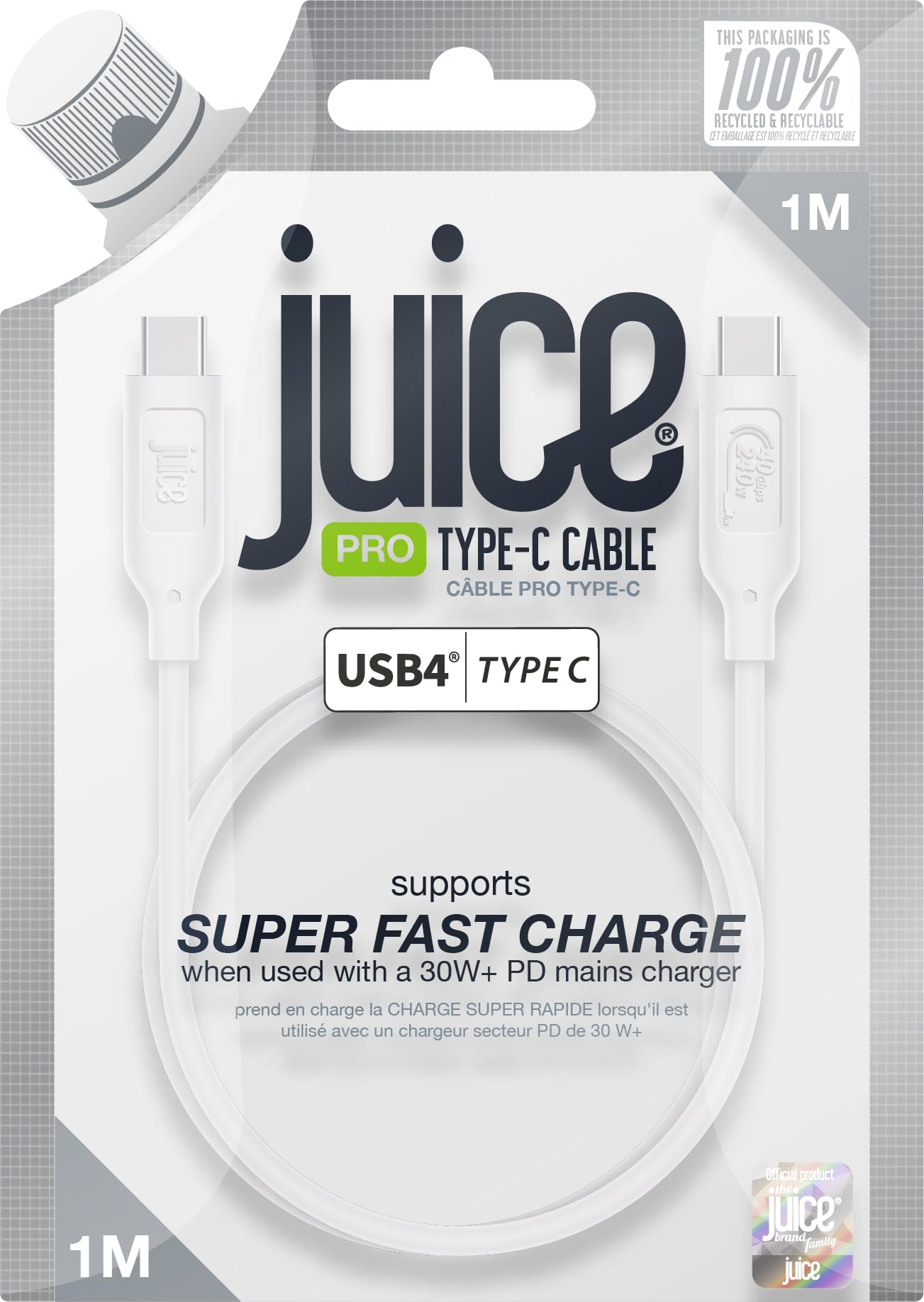 Juice 4.0 Type C cable. Type C to Type C, Fast charging, Durable, iPhone 15, 15 Pro, Samsung, Oppo, Nokia, LG and may more compatible (White)