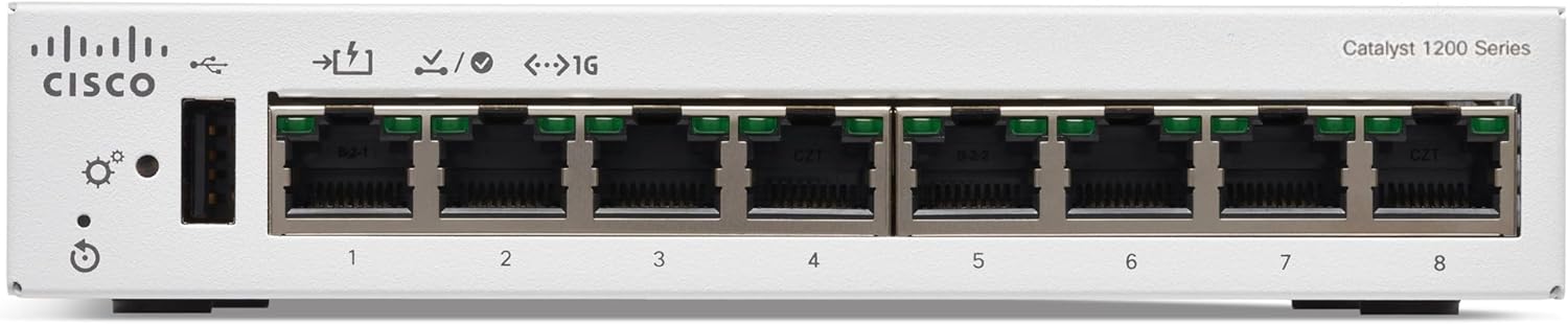 Cisco Catalyst 1200-8T-D Smart Switch, 8 Port GE, Ext PS, Desktop, Limited Lifetime Protection (C1200-8T-D