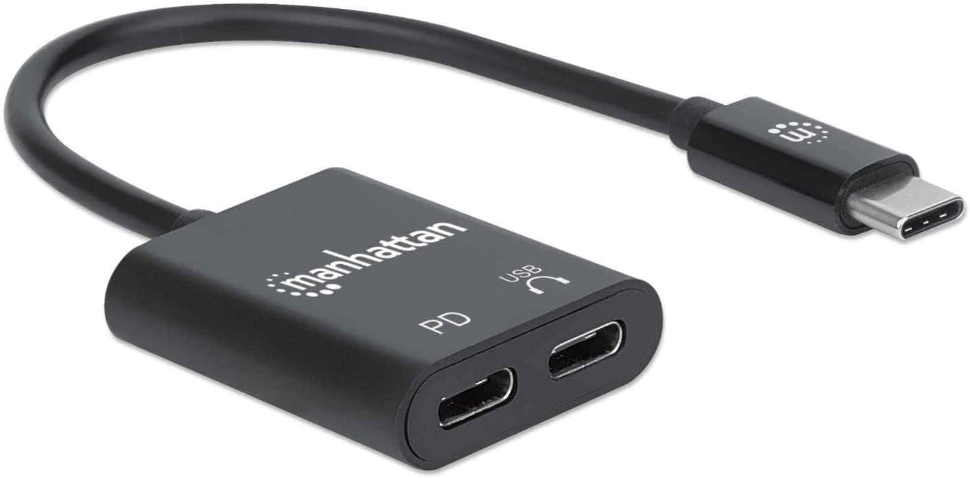 Manhattan USB-C to USB-C Audio Adapter and USB-C (inc Power Delivery), Black, 480 Mbps (USB 2.0), Cable 11cm, With Power Delivery to USB-C Port (60W), Three Year Warranty, Retail Box