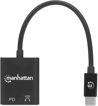 Manhattan USB-C to USB-C Audio Adapter and USB-C (inc Power Delivery), Black, 480 Mbps (USB 2.0), Cable 11cm, With Power Delivery to USB-C Port (60W), Three Year Warranty, Retail Box