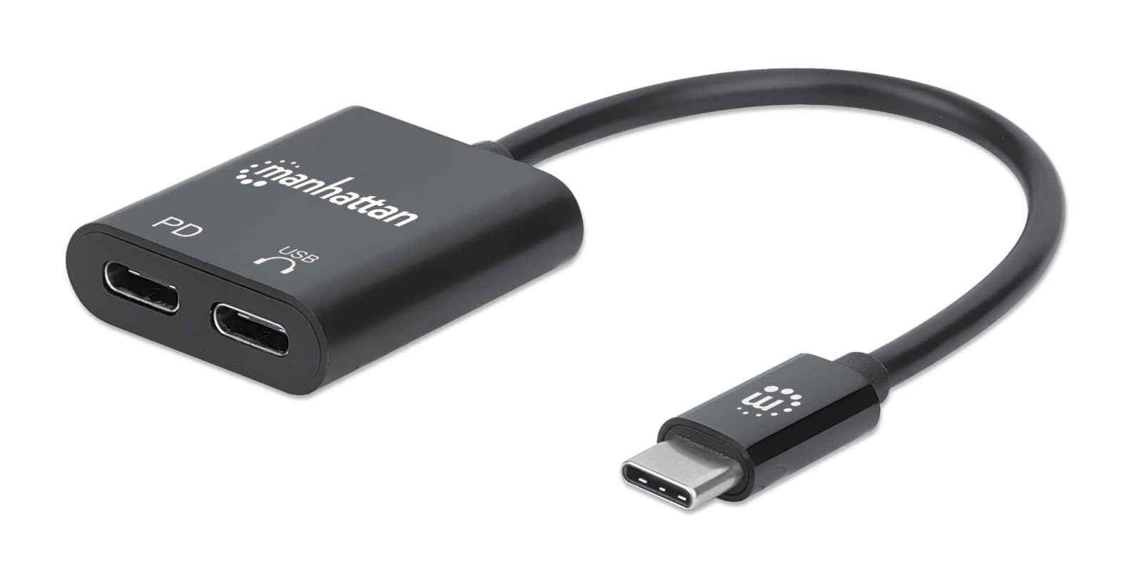 Manhattan USB-C to USB-C Audio Adapter and USB-C (inc Power Delivery), Black, 480 Mbps (USB 2.0), Cable 11cm, With Power Delivery to USB-C Port (60W), Three Year Warranty, Retail Box