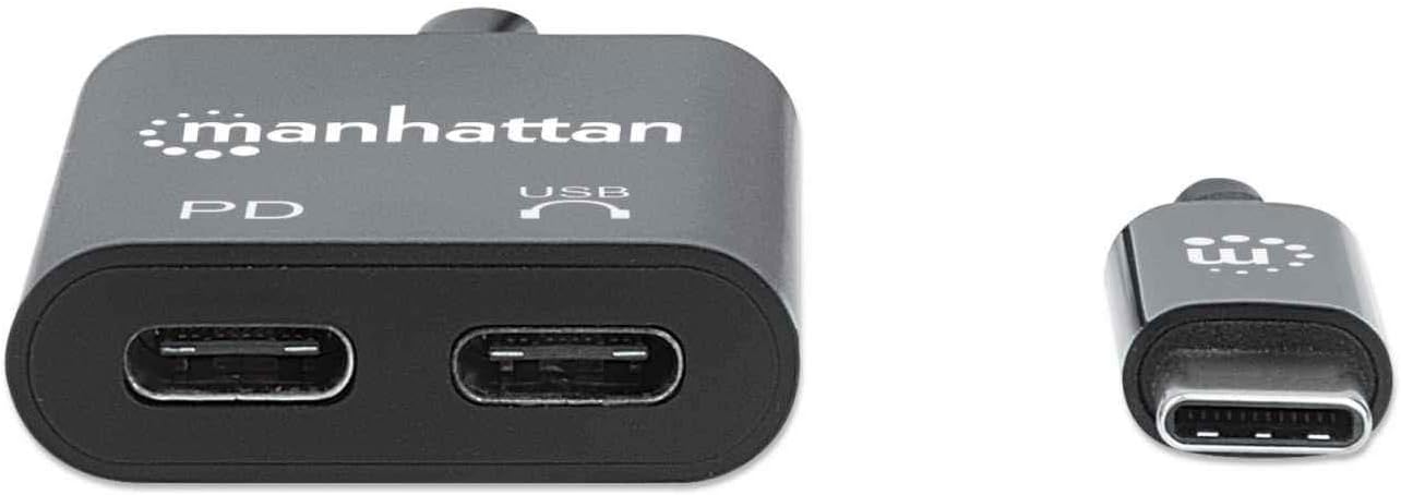 Manhattan USB-C to USB-C Audio Adapter and USB-C (inc Power Delivery), Black, 480 Mbps (USB 2.0), Cable 11cm, With Power Delivery to USB-C Port (60W), Three Year Warranty, Retail Box