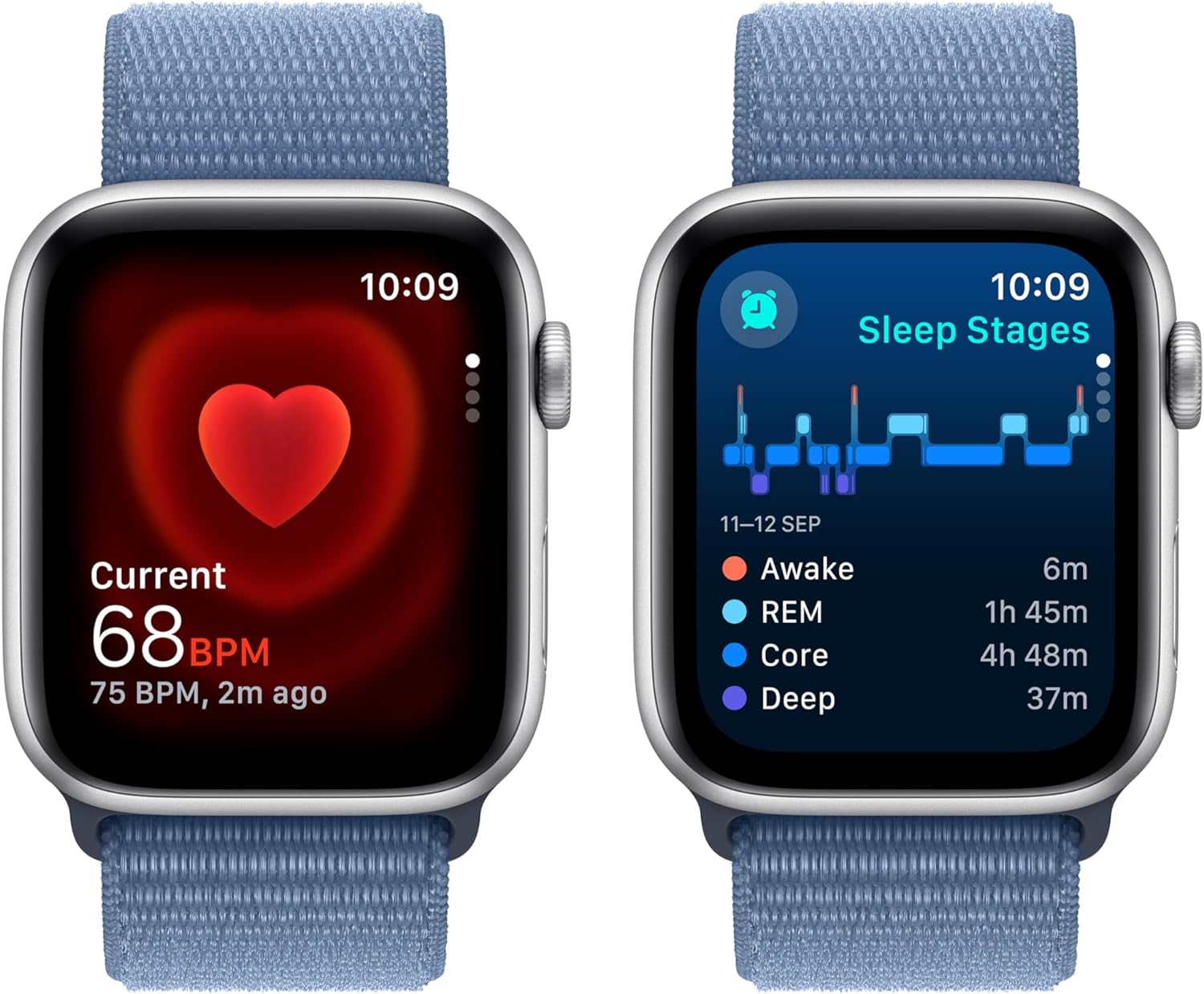 Apple Watch SE (2nd Gen, 2023)  Smartwatch with Silver Aluminium Case with Winter Blue Sport Loop. Fitness & Sleep Tracker, Crash Detection, Heart Rate Monitor, Carbon Neutral Sport Loop 44mm case Silver/Winter Blue One Size - fits 145-220mm wrists